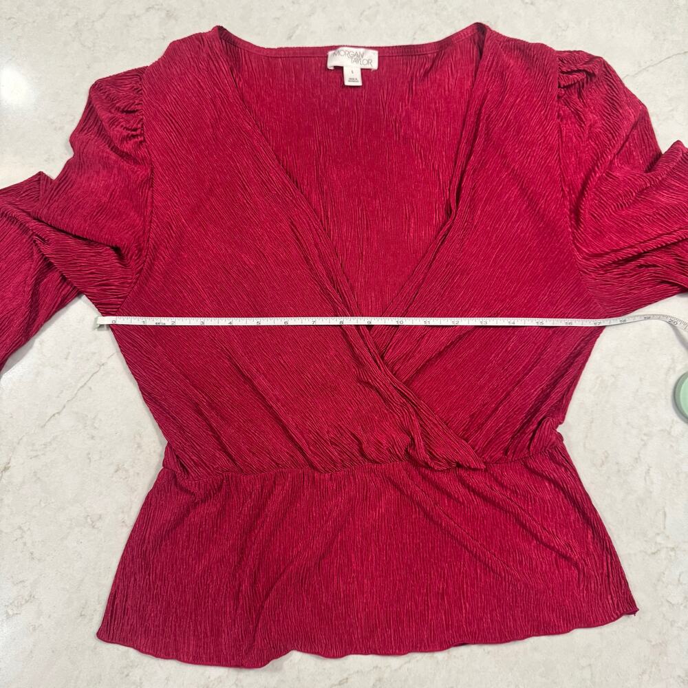 Red Crinkle Plissé Peplum Blouse Surplice Bishop Sleeve Party Large Coquette - Picture 6 of 15